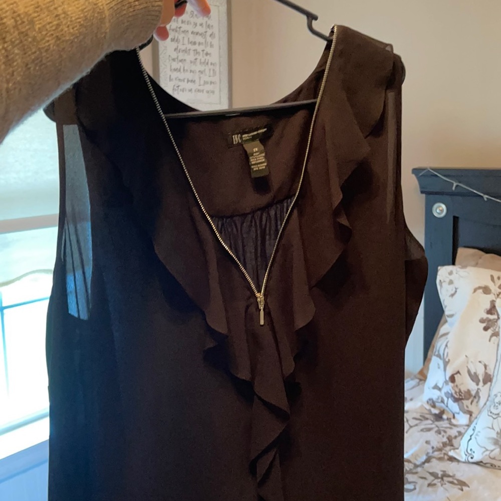 Black Ruffle Chiffon Top With Zipper Front
